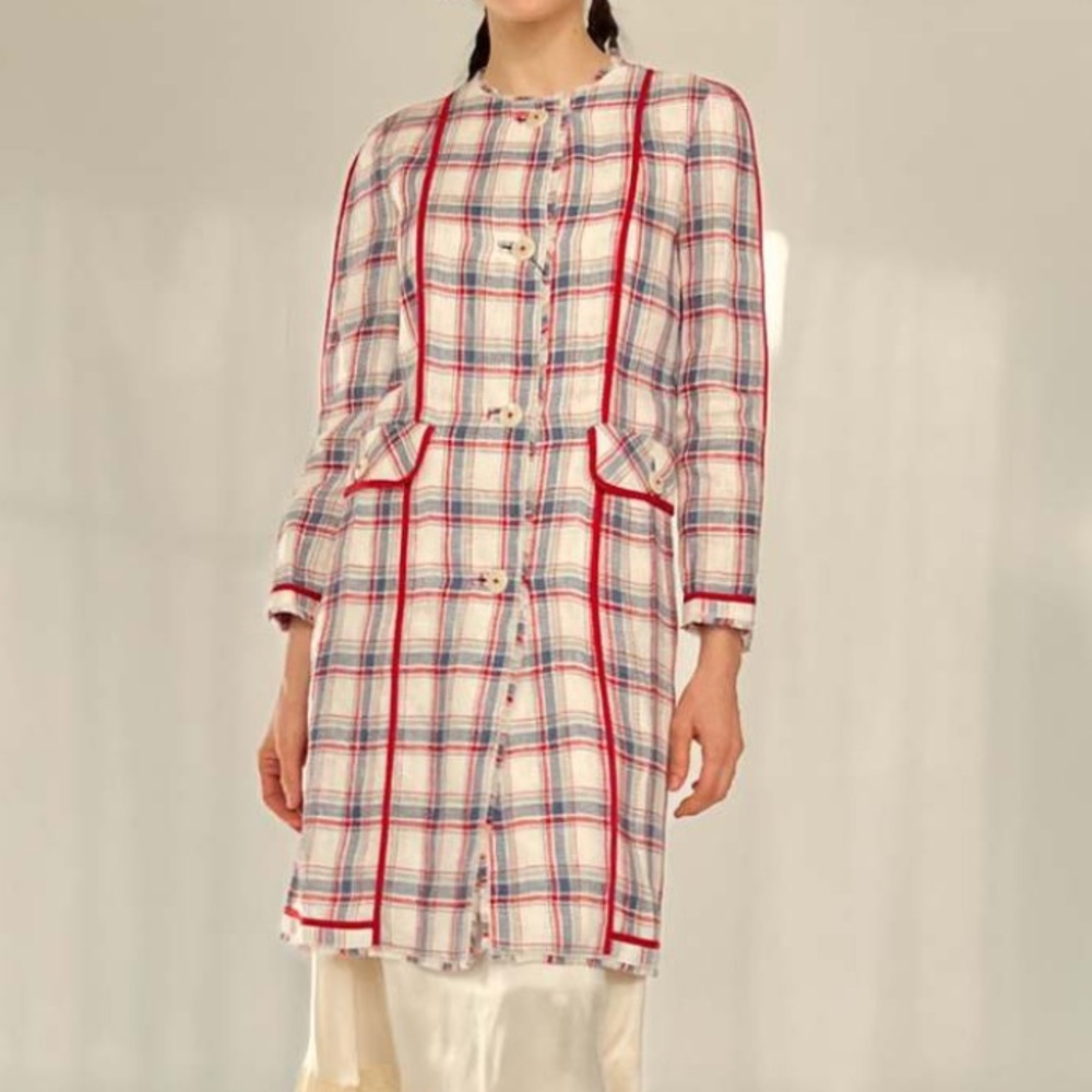 Dolce & Gabbana White Plaid Long Blazer with Red & Blue Trim